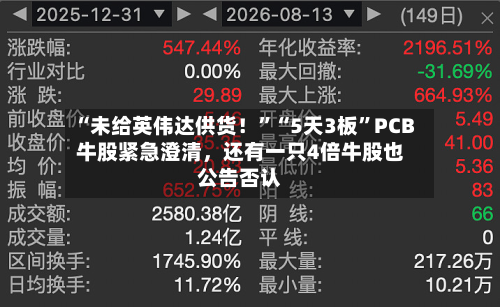 “未给英伟达供货！”“5天3板”PCB牛股紧急澄清，还有一只4倍牛股也公告否认